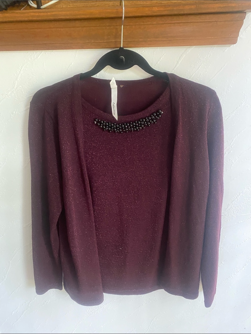 NY Collection Burgundy Sparkle Sweater with Beaded Neckline